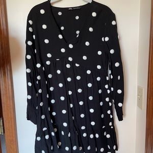 Zara Black and White Long Sleeve Polka Dot Mini Dress